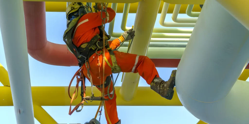 Arbeiter hängt mit Trauma in Seilen an einer Windkraftanlage