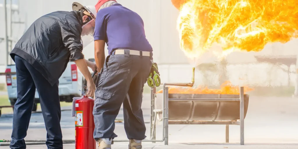 Ein Feuerwehrmann und ein Arbeiter stehen mit einem Feuerlöscher vor einer brennenden Wanne, die zum Üben des Feuerlöschens aufgestellt wurde