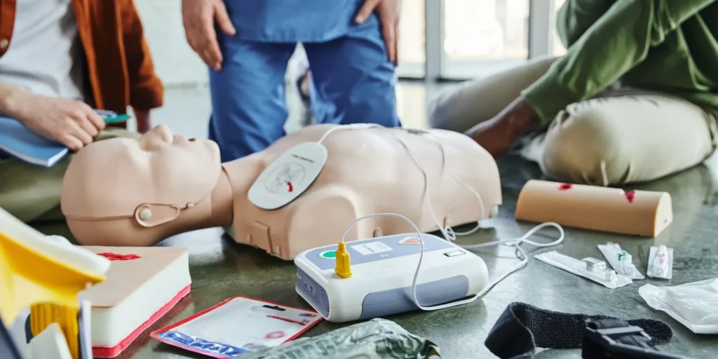 3 Ärzte und Ärztinnen knien vor einer Übungspuppe, auf der Patches für ein Reanimationsgerät angebracht sind